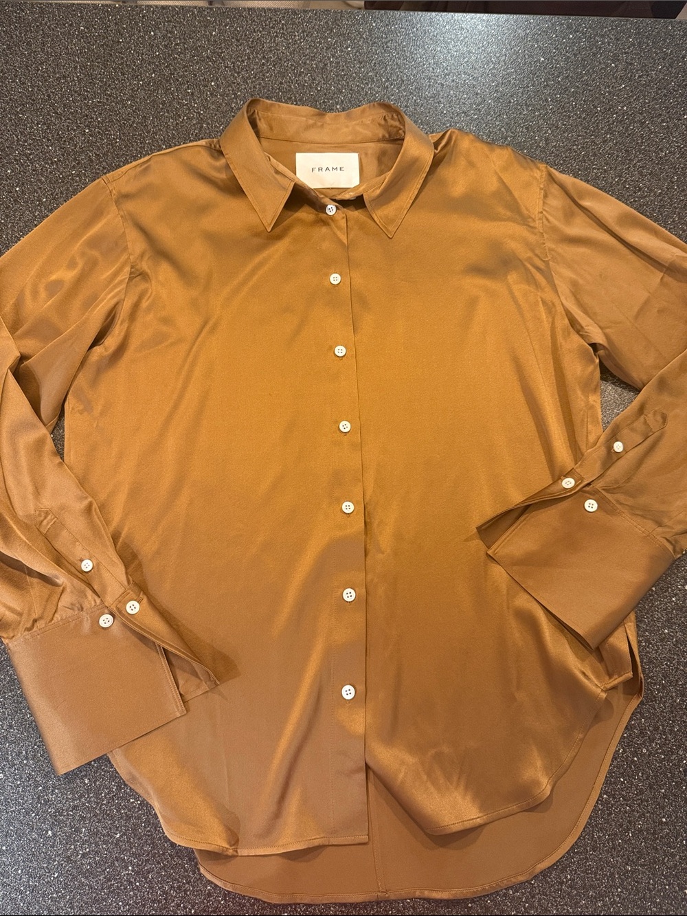 FRAME Silk Button Down in Camel Brown - Large